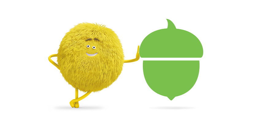 Cricket character, Dusty, standing next to an acorn